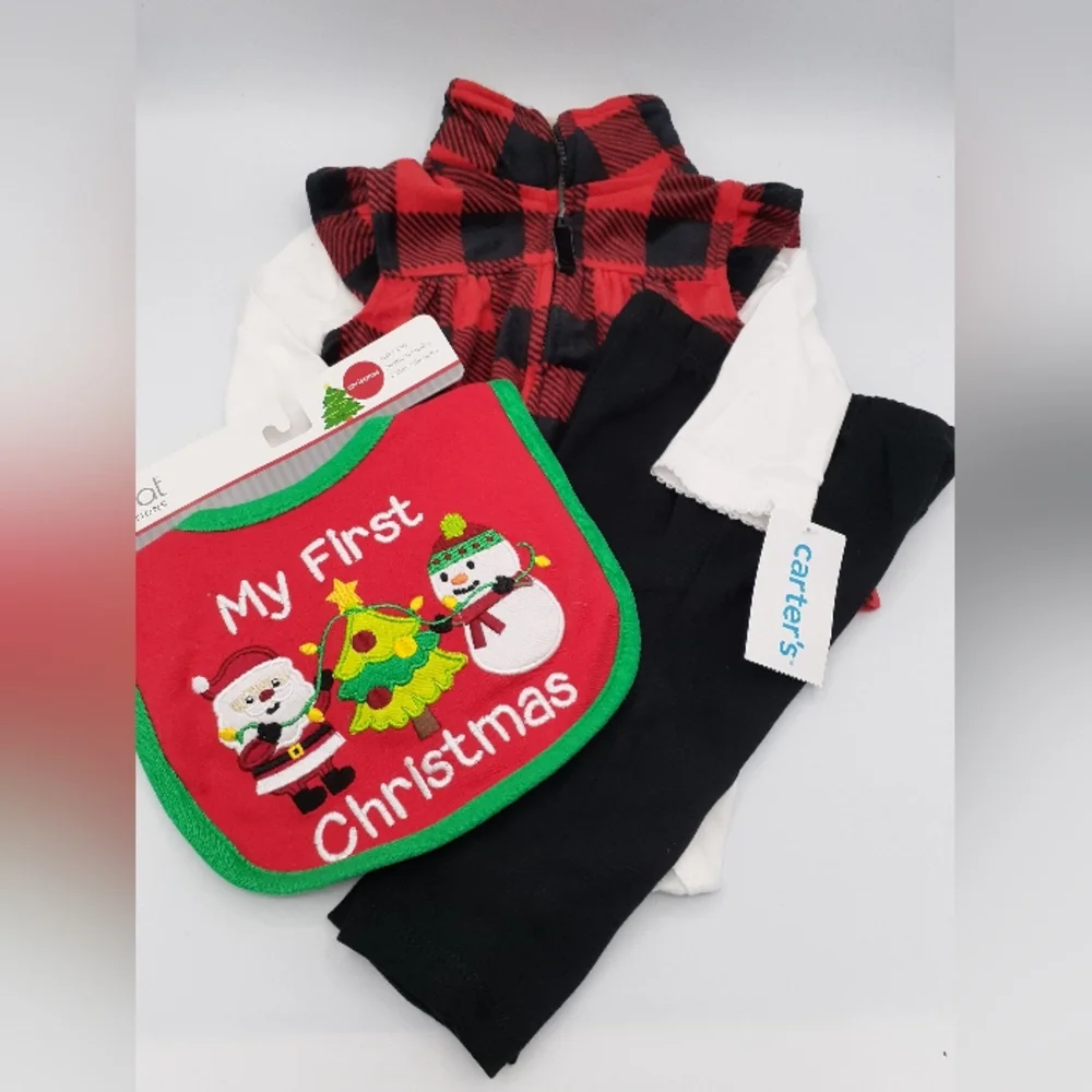 NWT CARTER'S BABY GIRL PLAID 3PC PANTS VEST BODYSUIT SET SIZE 6M + XMAS BIB